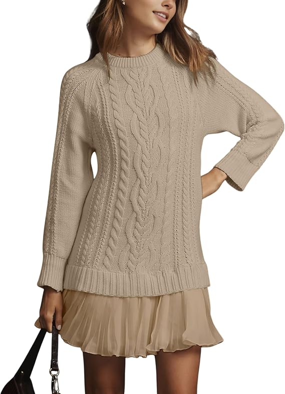 MINSURE Women Cable Knit Sweater Dress Crewneck Long Sleeve Pleated Mini Dress Twofer Style Patchwork Dress