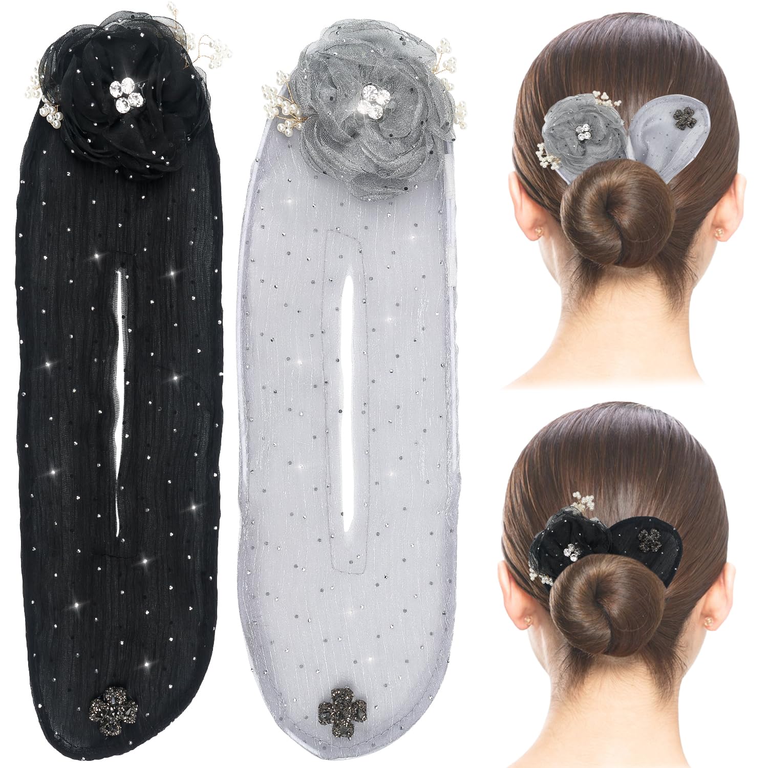 2PCS Hair Bun Maker, Hand Embroidered Flowers Deft Bun Hair Twister, Sparkly Ball Hair Clip, Flower Hair Bun Roller for Long Thin Hair Accessories for Women Girls BlackWhite