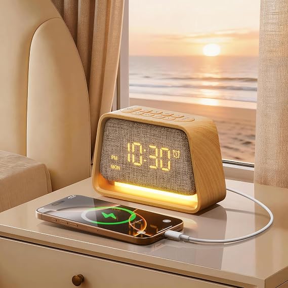 blonbar Alarm Clock, 3 in 1 Alarm clock with Night Light, Sleep Aid with 10 White Noise & 10 Natural Sounds, 3-Level Dimmable Bedside Lamp for Bedroom, Kids Room