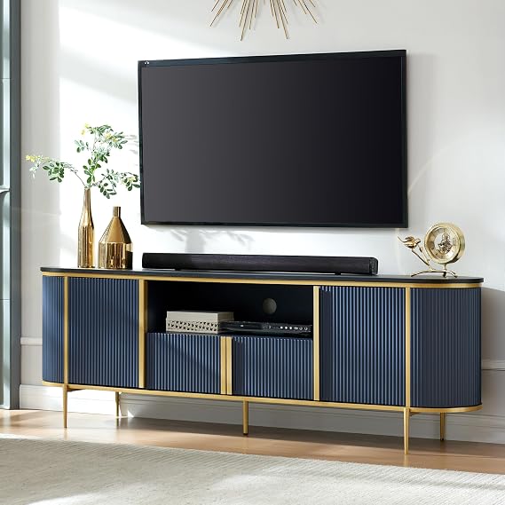 OKD 70" Fluted TV Stand with Storage, Faux Marble Top Entertainment Center for TVs Up to 80", Modern Curved Edge Media Console Cabinet for Living Room, Navy Blue
