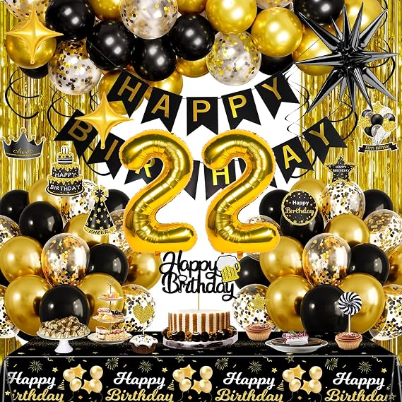 Black and Gold 22nd Birthday Decorations for Men Women, Gold Party Decorations include Happy Birthday Banner, Tablecloth, Fringe Curtains, Star Foil Balloons for 22nd Birthday Decorations