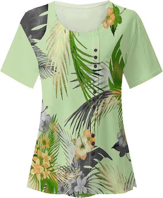Summer Boho Shirts for Women Short Sleeve Decorative Buttons Printed Shirts Casual Loose Fit Round Neck Blouses