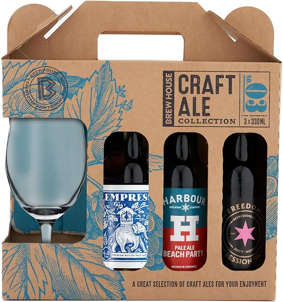 Brew House Craft Ale Collection. Including 3x 330ml bottles of Craft Ales with a Chalice Glass. Powder Monkey, Harbour Brewing, Freedom Brewing. Perfect for Christmas and Birthdays by Blue Tree Gifts