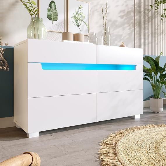 KUIKUI Sideboard with LED Lights, Living Room Cabinet with 6 Drawers and Cut Out Handles, Storage Cabinet, 120x40x71cm, White