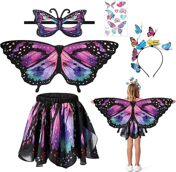 5PCS Butterfly Costume for Girls, Butterfly Wings Kids Skirt Stickers Mask and Bug Antenna Headband for Halloween