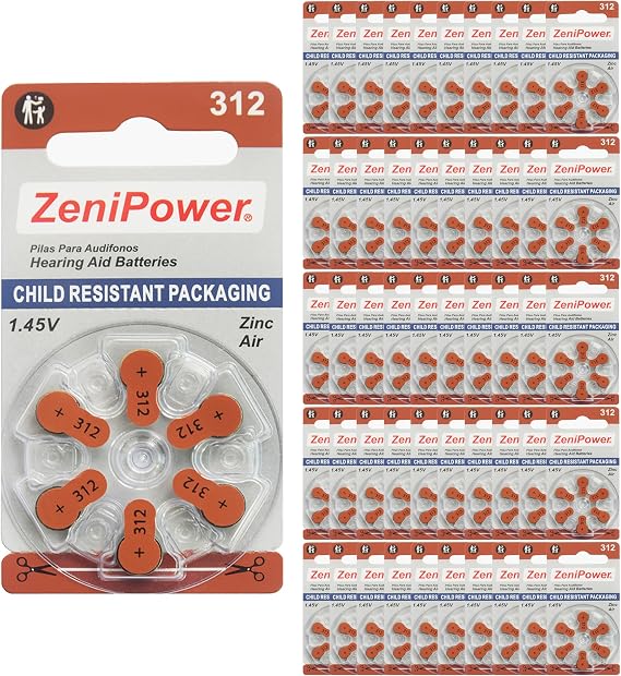 ZeniPower Hearing Aid Batteries Size 312, 50 x 6 Dial Cards = 300 Batteries