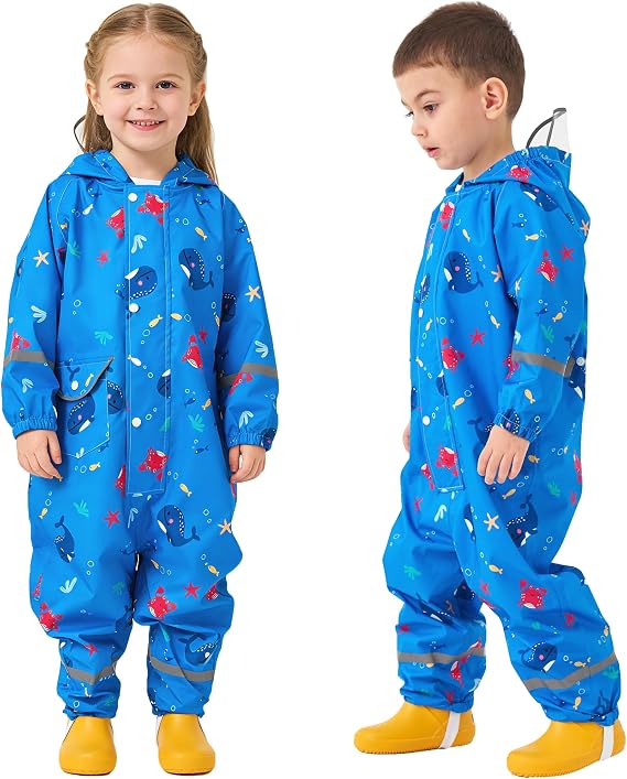 Fewlby Rain Suit Kids Puddle Suit All in One Waterproof Rainsuit Boys Girls Cartoon Muddy Suit One Piece Raincoat