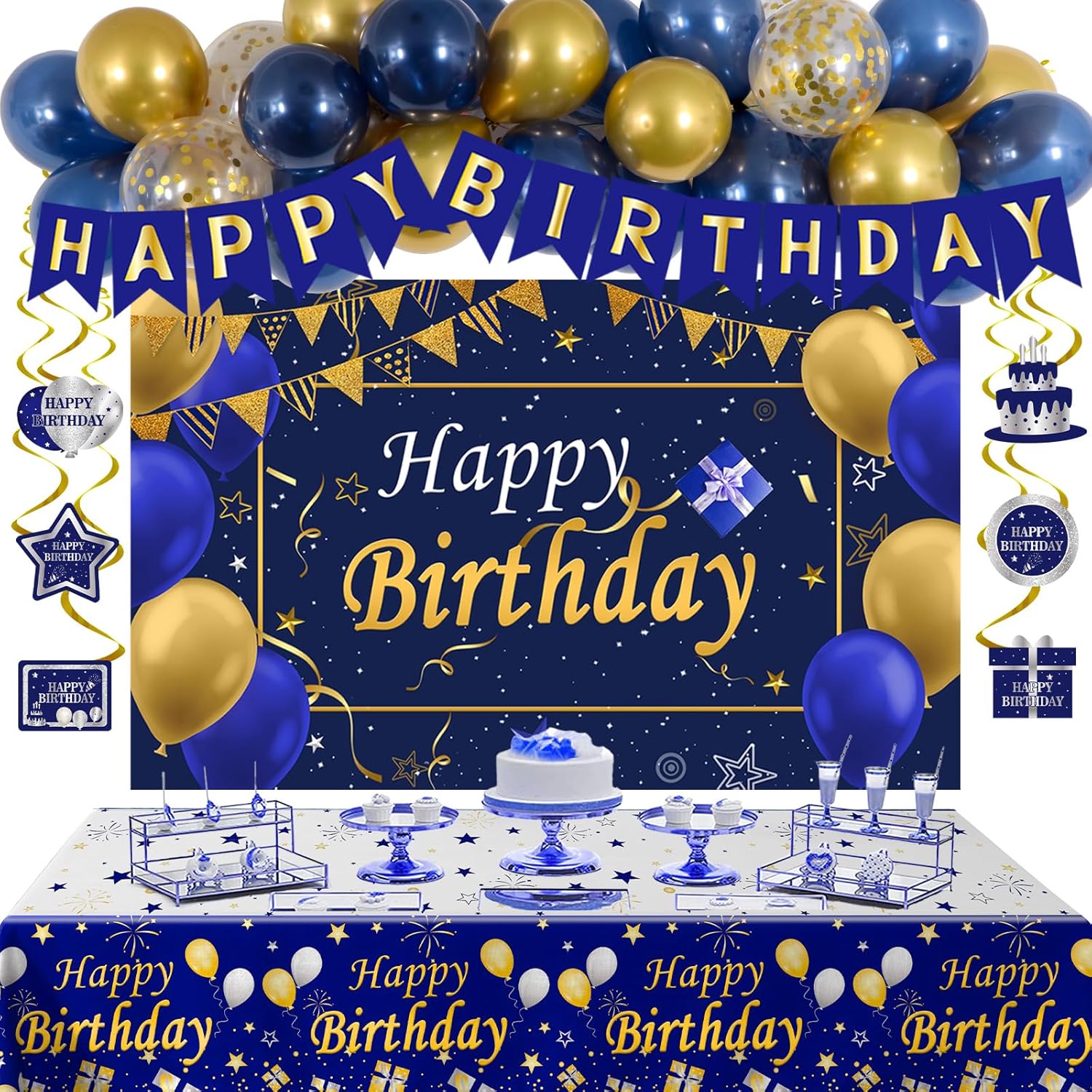 Blue and Gold Birthday Decorations for Men, Blue Brithday Decoration for Men Boys Women Girls Gold Happy Birthday Decoretions Balloons Banner Tablecloth Backdrop Hanging Swirls Decor Balloon Arch Kit