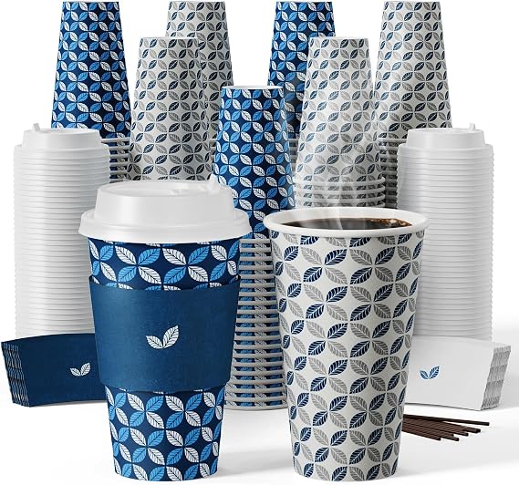 JOLLY CHEF 16 oz Coffee Cups with Lids 100 Pack, Disposable Hot Paper Coffee Cups with Lids, Sleeves and Stirrers for Christmas, Thanksgiving, Party