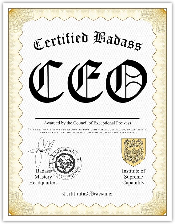 Certified Badass CEO Diploma| Funny Personalized Career Gag Gift Idea Novelty Award Certificate