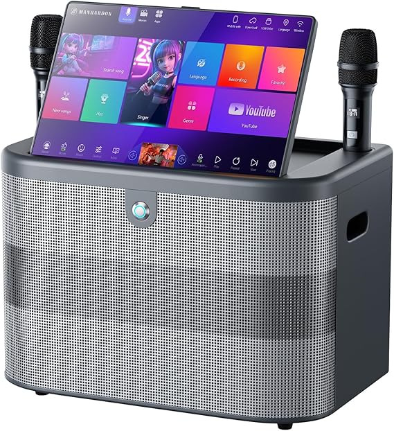 Smart Karaoke Machine with Lyrics Display, 15.6 Inch Touch Screen, Dual Bluetooth Wireless Microphones, Up to 400W Deep Bass Powerful Speaker, Karaoke Machine for Adults, Kids and Singers (Large)