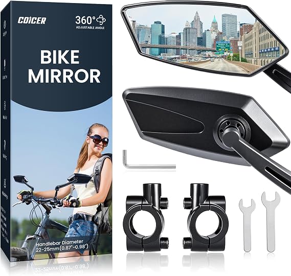 2pcs Bike Mirror Handlebar Mount 360 Adjustable, Wide Rear View Mirror Bicycle Mirrors for Handlebars with Scratch Resistant Glass, Safe Bike Rear View Mirror for Scooter, Motorcycle, Bike Accessory