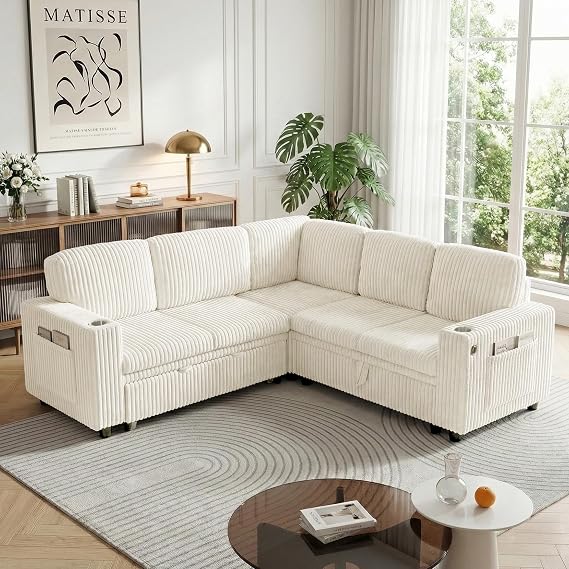 Sectional Sleeper Sofa with Pull Out Bed, L Shaped Sofa, Beige