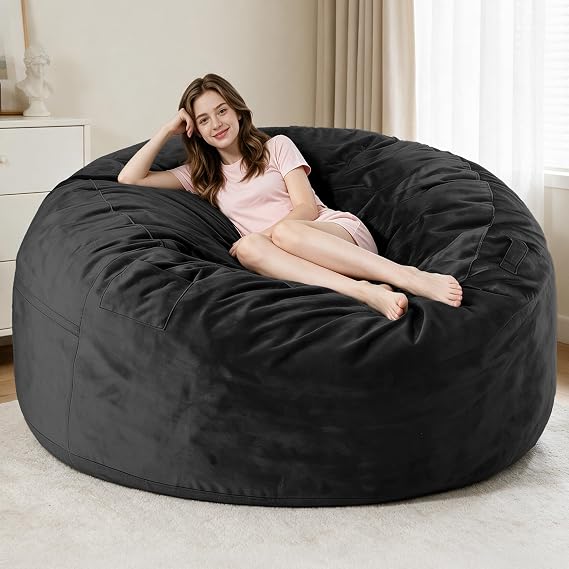 6FT Bean Bag Chairs for Adults,Giant Adult Bean Bag Chair,BeanBag | Large Beanbag Chair with Foam Filled,Bean Bag Sofa with Handle&Pocket,Washable Velvet Cover Bedroom,Living Room-Black