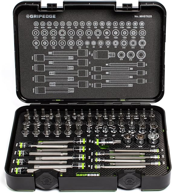 GRIPEDGE Tools | 62-PC - Master R.P.T. Hex & Star Driver Set |1/4'' - 3/8'' - 1/2'' Drive | Includes Premium Plastic Case With A Foam Insert |