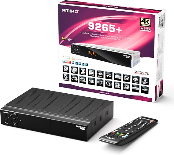 AMIKO 9265+ 4K UHD Combo Receiver Sat- Kabel- & DVB-T2 Receiver mit PVR Aufnahmefunktion Kartenleser CI Schacht für Satellitenschüssel Kabelfernsehen & DVBT2 Empfang H.265 + M@TEC HDMI Kabel