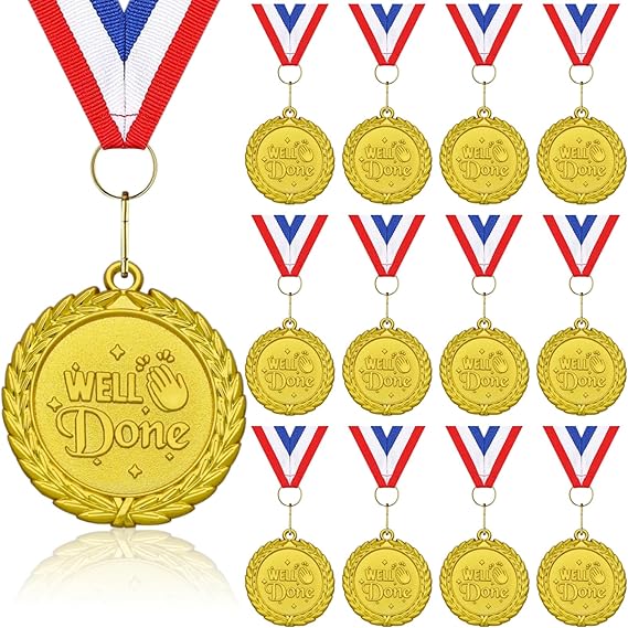 Donrime Well Done Medals, 12-Pack Gold Metal Medal Sports Day Medals with Ribbon Necklace for Sports Day Prizes, Gymnastics Competitions, Party Gifts, Kids Adults