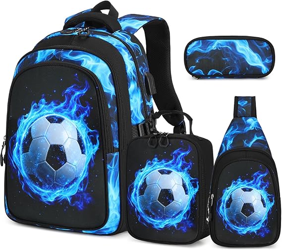 Backpack for Boys, 4PCS Cool Flame School Bags