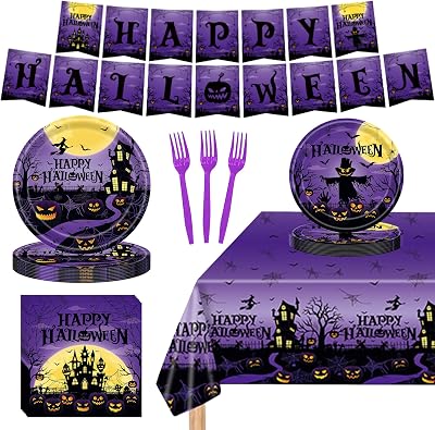 102Pcs Happy Halloween Cutlery Sets Halloween Tableware, Disposable Dessert Plates, Birthday Party Plates