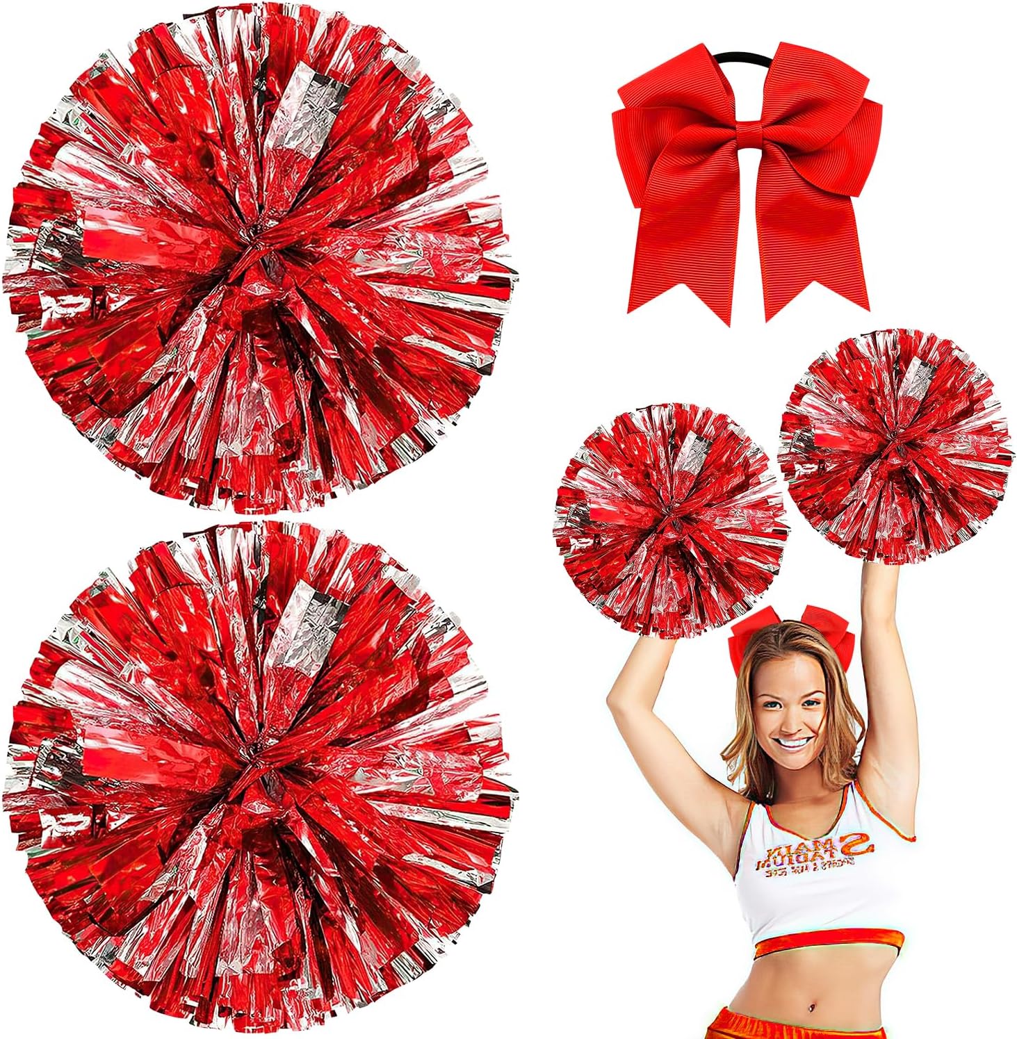 Nuyoah Pompoms Cheerleader Red Pack of 2 Pompoms Cheerleading Cheerlead Pompom Cheerleading Pong Pongs Cheerleader Pom Poms Cheerleading Metal Foil for Sports Competition Carnival Parties