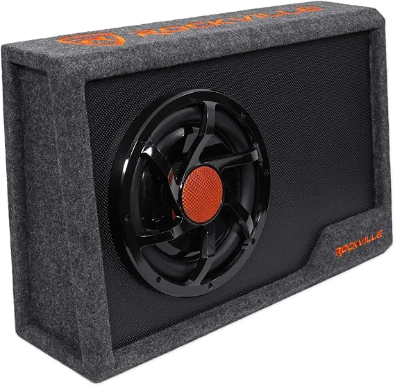 Rockville RWS10CA 10" Slim Powered Car Subwoofer with Enclosure | 1000W Peak, 300W RMS, Built-In Mono Amplifier, High and Low-Level Inputs, Low-Pass Crossover, Dash Bass Knob