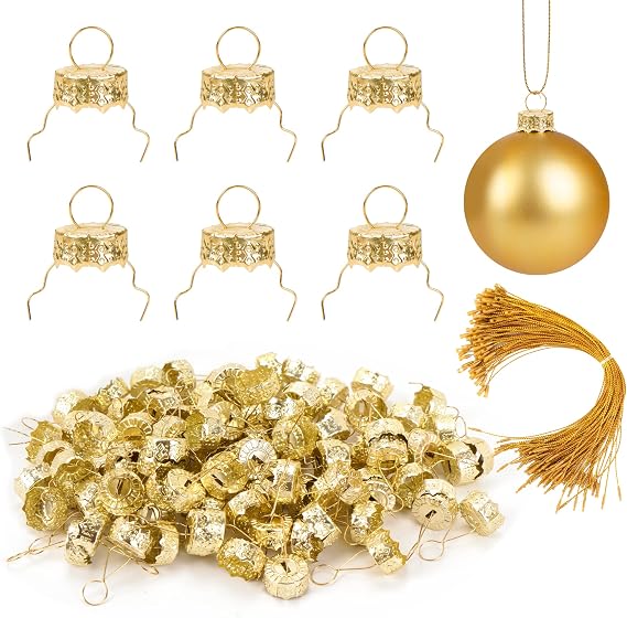 100 Pieces Round Christmas Ornament Caps and Ornament Hangers String Set | Christmas Hangers Caps for Christmas Tree, Ceramic Glass Porcelain Christmas Ornaments DIY Decorations