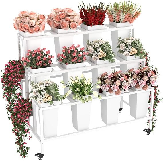 Flower Display Stand with 12 Buckets & Wheels 3-Tier Mobile Flower Cart, White Metal Flower Bar for Weddings, Florist Shops, Patio, Garden & Home