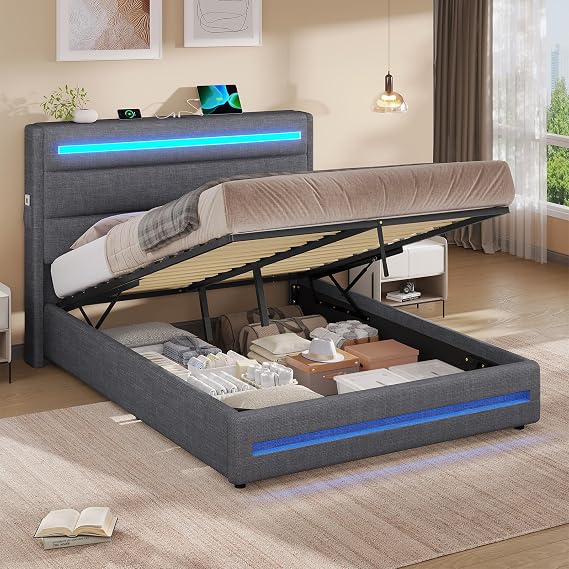 Double Bed Frame 135 x 190 cm with LED Lighting, 4ft6 Upholstered Ottoman Storage Bed With Gas End Lift & Under Hydraulic Bed Storage, Headboard with Storage and USB Type-C Charging, Linen Grey