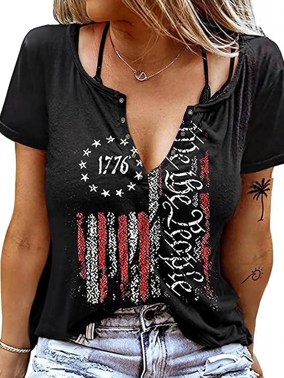4th of July Shirts for Women Sexy V-Neck American Flag T-Shirt with Ring Hole Short Sleeve Patriotic Tops Summer Fashion