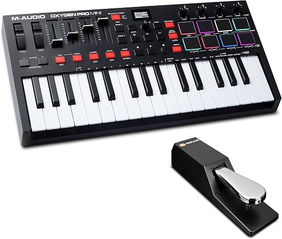 M-Audio Oxygen Pro Mini – 32 Key USB MIDI Keyboard Controller With Beat Pads & SP-2 - Universal Sustain Pedal with Piano Style Action, The Ideal Accessory for MIDI Keyboards