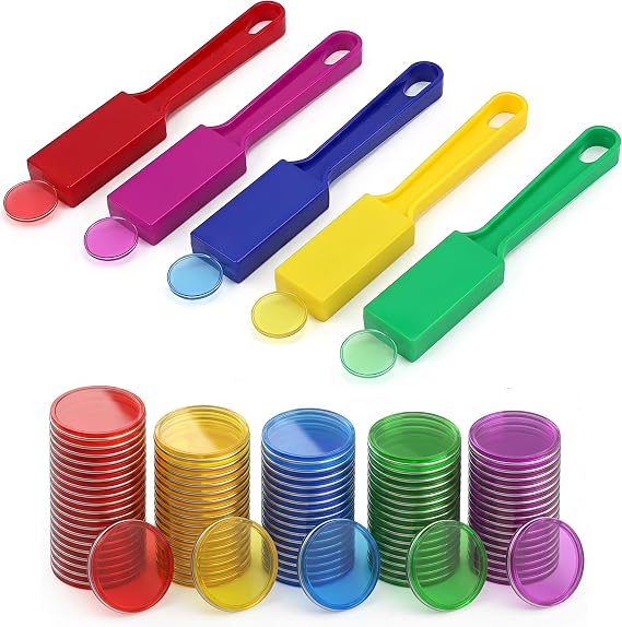 Upgraded Bingo Set, 5-Pack Bingo Wand& 100 Metal Bingo Chips, Random Colors - Large Group Game, Family Night, Sensory Activity, Educational Science Tool