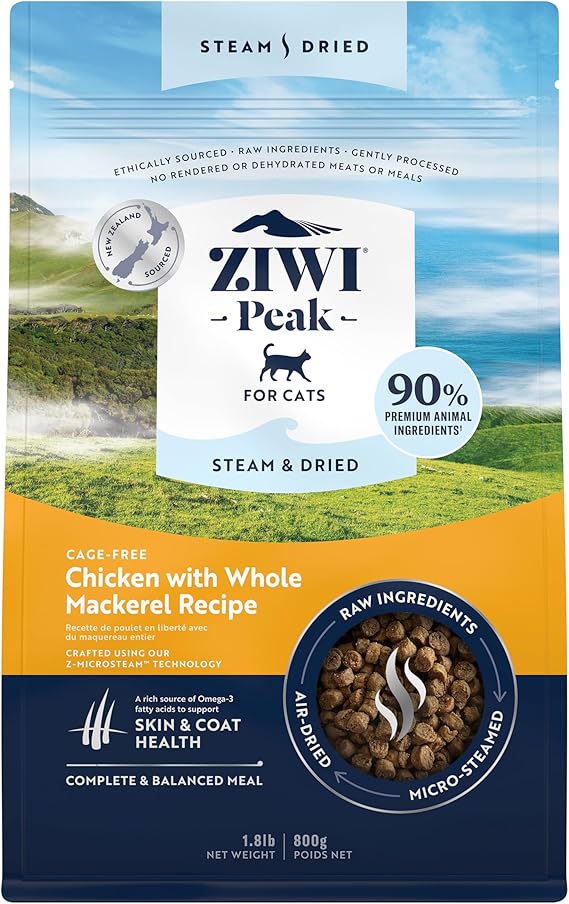 ZIWI Peak Steam & Dried Cat Food Cage-Free Chicken w/Whole Mackerel - High Protein, Skin & Coat Health, Low Carb, for All Life Stages (28.8oz)