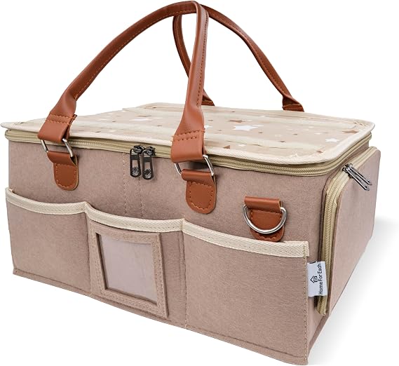 Diaper Caddy Organizer With Lid, Travel Essential, Newborn Must Haves, Car Caddy, Shower Gifts for Girls and Boys, Baby Bag and Stuff (Brown)
