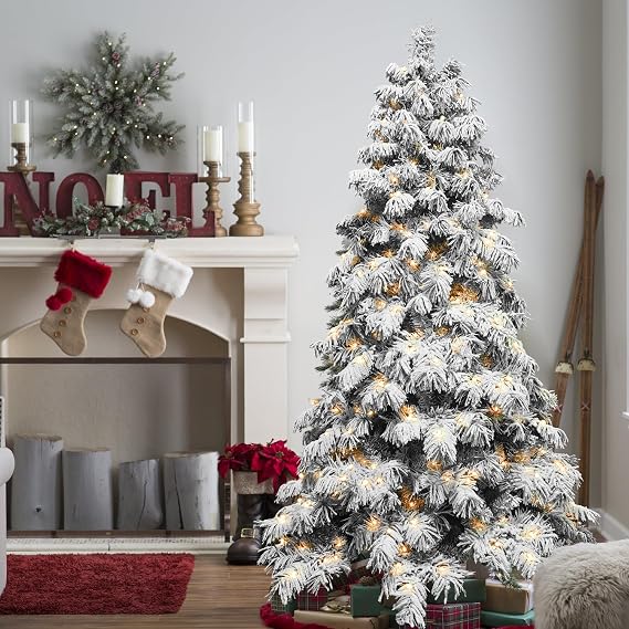 7FT Prelit Flocked Christmas Tree, Premium Artificial Christmas Tree with 360 Warm White Lights and 890 Branch Tips, Realistic Full Pre Lit Xmas Tree with Metal Hinged & Base for Holiday Decoration