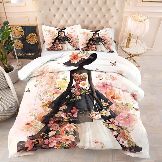 Pink Girls Comforter Set Twin Size Pink Black Bedding Set for Kids Teens Women Fashion Floral Flower Quilt Duvet Soft and Breathable Romantic Bed Set, 1 Comforter & 1 Pillowcases