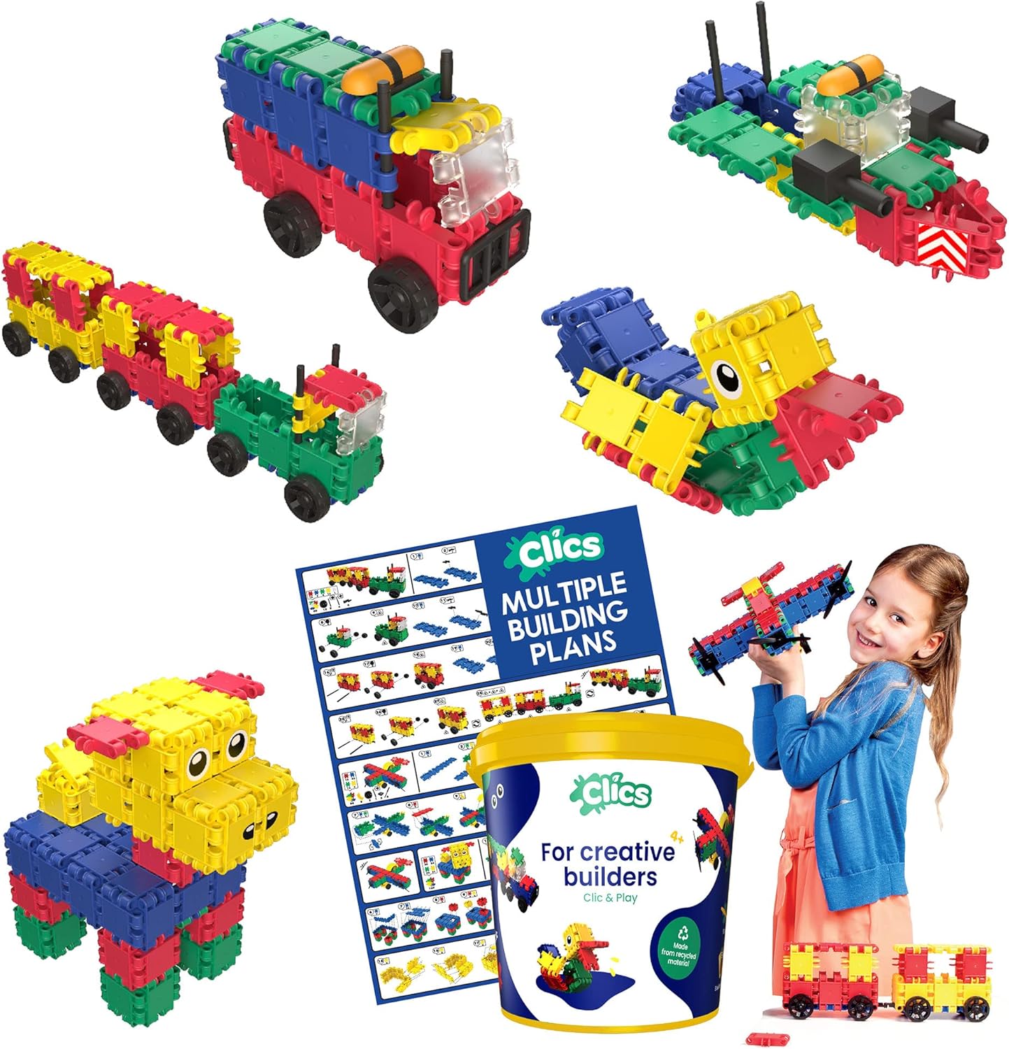 Clics construction toys for children from 3 years, creative educational toys in a 160 piece set, building blocks for girls and boys, Montessori STEM toys, durable toys made from recycled material