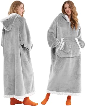 Giggling Getup Wearable Blanket Hoodie for Women Men Gifts for Women Mom Wife Sherpa Fleece Long Hooded Blanket Sweatshirt Cozy Sherpa Wearable Throw with Pocket & Sleeves for Adult Standard Grey