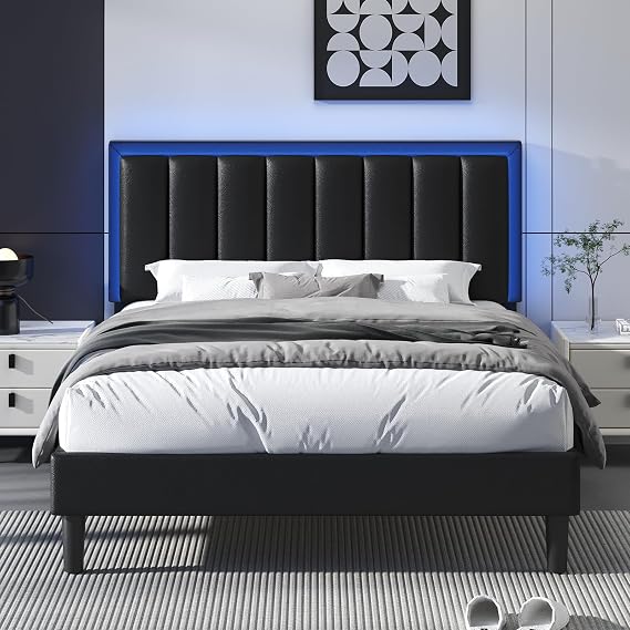 HOMBCK Double Bed Frame with LED Lights, Wooden Platform Upholstered Bed Frame, Easy Assembly, No Box Spring Needed, Black 135x190