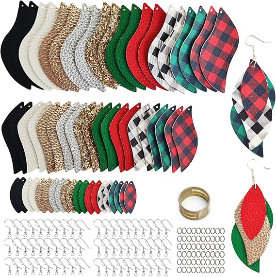 AOUXSEEM 181 Pcs Christmas Theme Leaf Faux Leather Earrings Making Kit for Beginner, Contains 60 Pre Cut Lightweight Glitter Printed Synthetic Fabric Pieces Hooks Jump Rings (Buffalo Plaid)