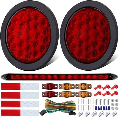 4 Inch Round Led Trailer Tail Lights Kit, 4 Round Led Stop Turn Tail Lights 24LED, 4Amber2Red Mini Marker Lights, 13.8 Red Led 3RD Brake Identification Trailer Light Bar, 25ft Wiring Harness