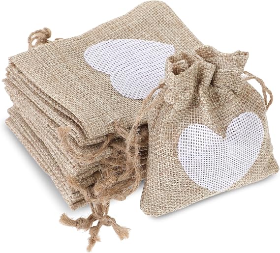 Bewudy Pack of 10 Small Bags for Filling 10 x 8 cm Jute Bags Fabric Bags with Drawstring Gift Bags with Heart Small Linen Bag Fabric Bags for Birthday Wedding Children's Party (Linen Colour)