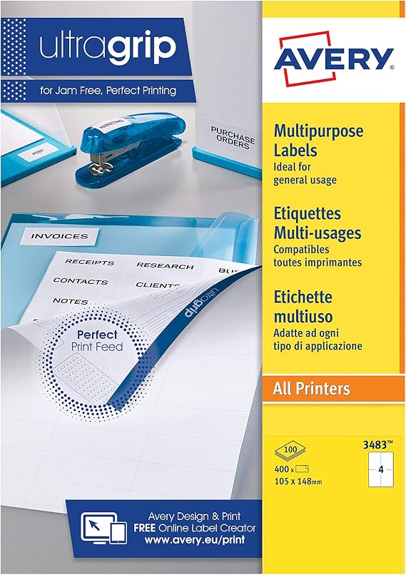 Avery 3483 Blank Stickers Multipurpose Labels, A4 Sheets for Printers, 105 x 148 mm, 4 per Sheet, 100 Sheets, White