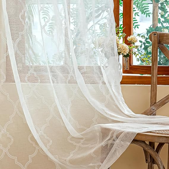 AmHoo 2 Panels Moroccan Geo Embroidered Farmhouse Semi Sheer Curtains Faux Linen Voile for Living Room Bedroom Window Treatment White 53 x 63 Inch