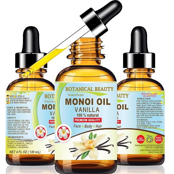 Botanical Beauty MONOI OIL VANILLA - Tiare flowers in Coconut Oil and Vanilla Bean Oil 100% Natural 4 Fl.oz - 120 ml Pure for FACE, SKIN, BODY, HAIR, NAILS