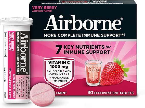 Airborne Immune Support Effervescent Tablets, Very Berry Flavor - 30ct with 1000mg Vitamin C + Vitamins A, D, E, Zinc, Selenium, Manganese & Herbal Blend - SugarFree, GlutenFree