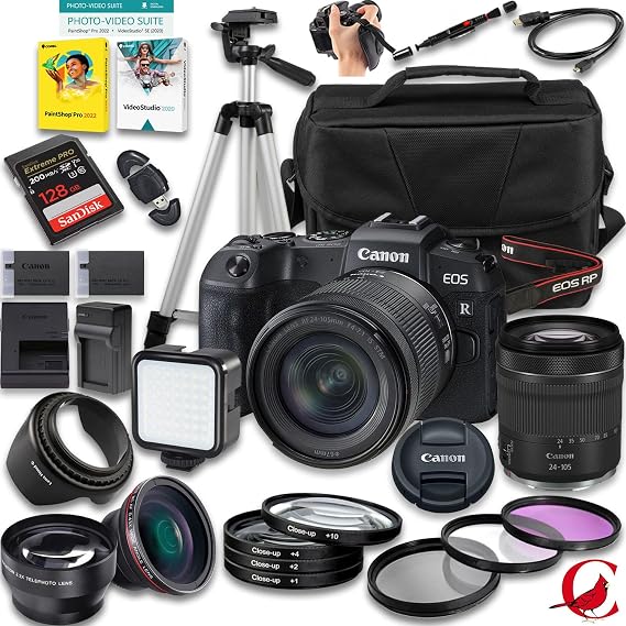 Canon EOS RP Mirrorless Camera with 24-105mm f/4-7.1 Lens + 128 GB Memory + Extra Battery + Camera Case + Tripod + More (27pc Bundle)