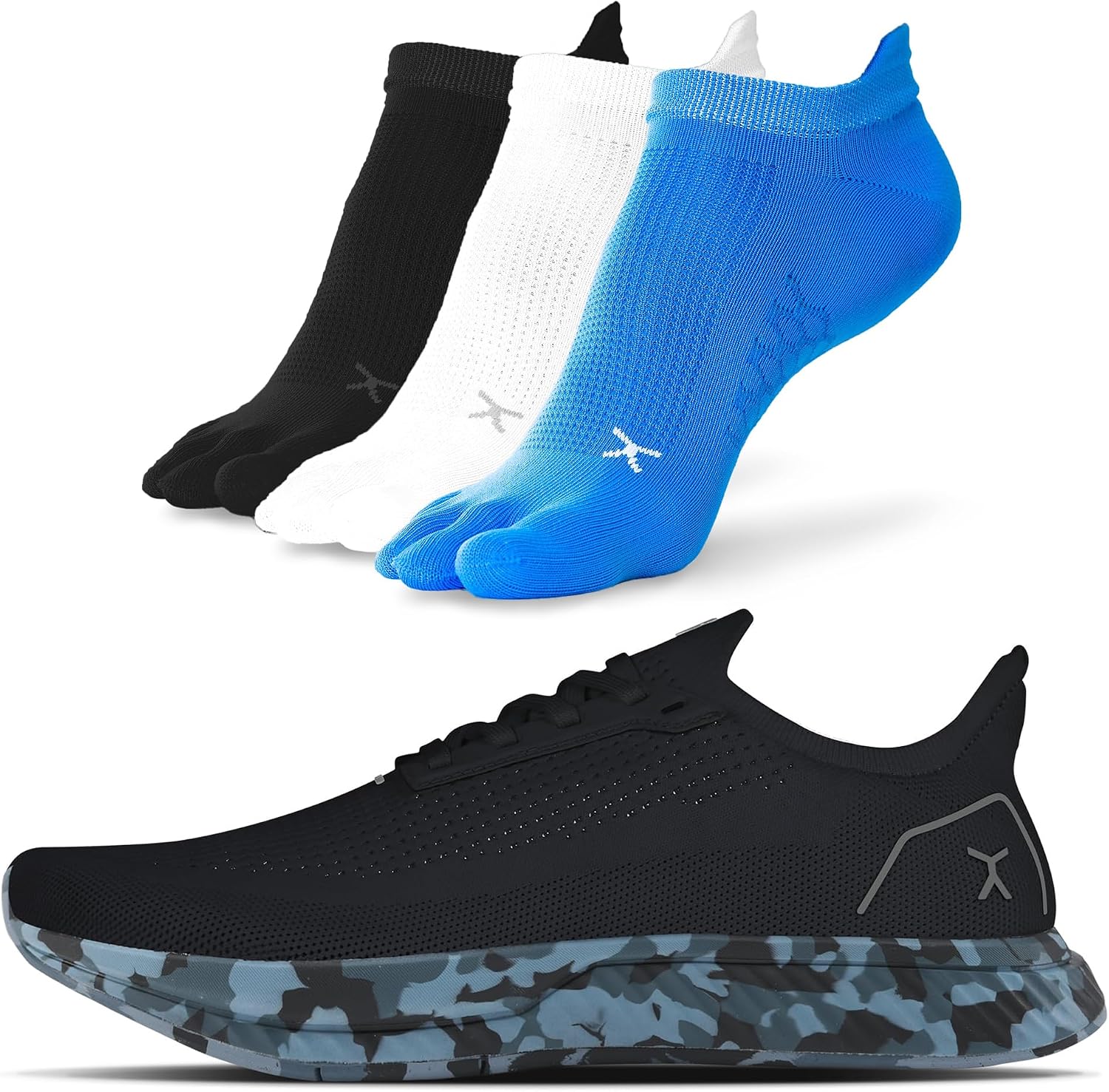 Adapt Bundle – Zero-Drop Running Shoes with Knit Upper & UltraFlex Midsole  3-Pack Medium No-Show Toe Socks – Lightweight, Breathable, and Versatile – Black Camo - W9M7.5
