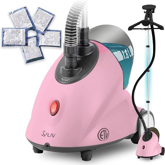 SALAV Standing Garment Steamer with Roll Wheels for Easy Movement with 5pc Garment Steamer Descaling Solution Decalcifier Packets for Mineral Deposits and Build-up Removal, Pink