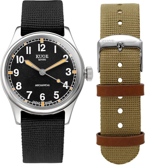 KUOEKYOTO KUOE Old Smith 90-002 Black No-Date, 35mm Automatic Watch with 2 Nylon Bands, NH38 Movement