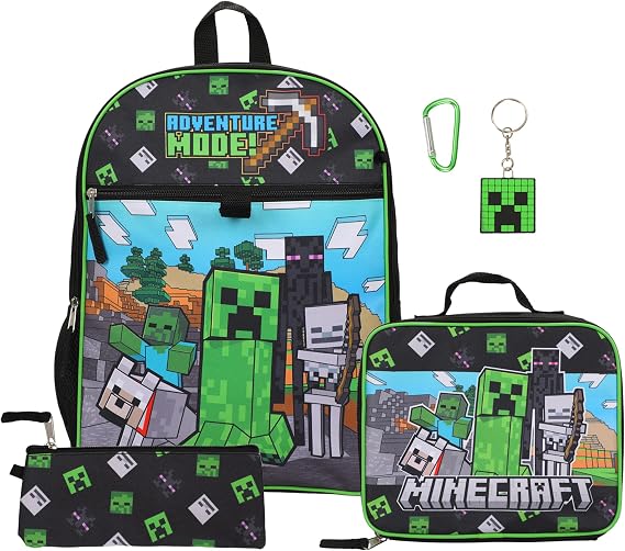 BIOWORLD Unisex Minecraft Adventure Mode 5-Piece Backpack set (Little Kid/Big Kid), Green, One size